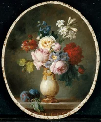 En vas med blommor och två plommon på en marmorskiva, 1781