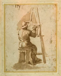 En ung målare sitter vid sitt staffli (penna och bläck med krita på papper)
