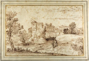 Landskap med ett slott och ruinerna av en klassisk portik (penna och brunt bläck på papper)