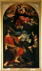 Jungfruns uppenbarelse för St. Luke och St. Catherine av Alexandria Målning av Annibale Carracci eller Annibal Carrache (1560-1609). 1592. Sön. 2,26x4,01 m Paris, Louvren.