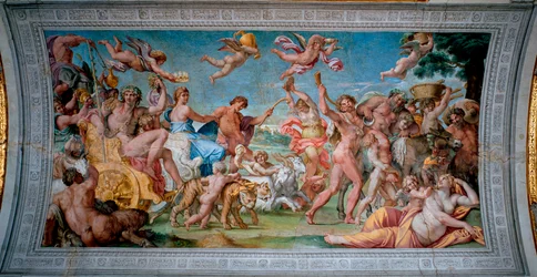 Bacchus (Dionysos, Bacco) på sin tank återvänder från Indien och möter Ariane övergiven av Thesee Fresco av Annibale Carracci (Annibal Carrache) (1560-1609). 1597-1600 Rom, Palazzo Farnese