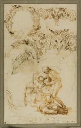 Den berusade Silenus och dekorativa skisser: Studier för Tazza Farnese (recto); Två Putti slåss: Studie för Galleria Farnese (a tergo)