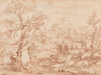 Landskap med boskapsskötare och grisar,
1500- och början av 1600-talet (Penna och bläck på papper)