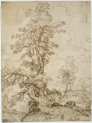 Landskap med sovande man under träd (recto); Landskap med ryttare (verso)