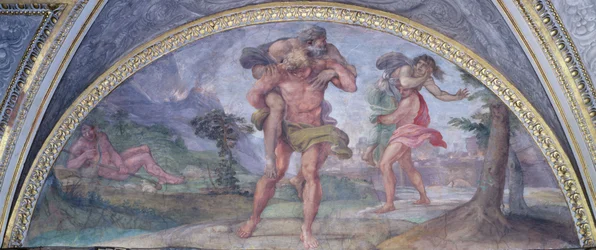 Lunette som föreställer Aeneas som flyr från brinnande Troja som bär sin far Anchises följt av Ascanius som bär sin mor, från Camerino, 1596