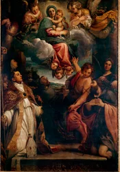 Madonna i ära med barnet och sex helgon Madonna av Saint Ludovic. Målning av Annibale Carracci (Annibal Carrache