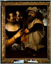 Man och kvinna beundrar ett barn i maskeraddräkt, ca 1582-85 (olja på duk)