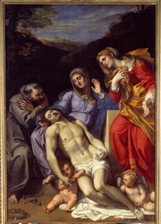 Pieta med Saint Francois av Assisi och Saint Mary Magdalene Målning av Annibale Carracci eller Annibal Carrache (1560-1609). 1602. Sön 2,77x1,87 m