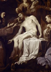 Pieta med St Claire, St Francis, St Mary Magdalena och St John, detalj av Jesus (olja på duk