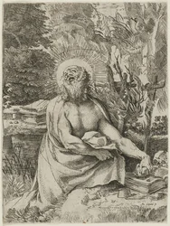 Saint Hieronymus i vildmarken, ca 1591 (etsning med gravyr på lagt papper, iiiiv)
