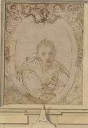 Självporträtt, ca 1580 (penna och brunt bläck på papper)