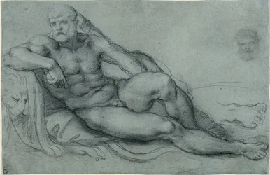 Studie av Hercules vilande, med separata studier av hans huvud och fot (recto); Rektangulärt rutmönster (verso)