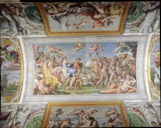 Galleria di Carracci Carracci Hall detalj av triumfen av Bacchus och Ariadne, 1597-1604 fresk