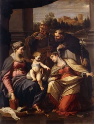 Madonnan och barnet med de heliga Lucy, Dominic och Louis av Frankrike, ett landskap med en stad genom ett båge bortom,