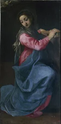 Bebådelsens jungfru (detalj). Målning av Annibale Carracci (1560-1609) (Annibal Carrache), omkring 1587. Mått: 150 x 76 cm. Bologna, Pinacoteca Nazionale