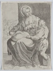 Jungfrun satt med en kudde i knät med den unge Kristus stående till höger..., 1580-1600.