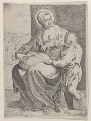 Jungfrun satt med en kudde i knät med den unge Kristus stående till höger..., 1580-1600.