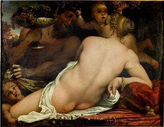 Bacchanten, Venus, satyr och två amoriner, detalj (olja på duk, ca 1588)