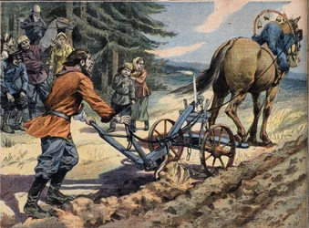 En rysk bonde som plöjer åkern med hjälp av en plog som det är lagt ett ljus på. Conte de Easter Gravyr från tidningen "" Le Petro Parisien", den 19/04/1908. Privat samling.