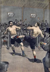 Ett boxningsanfall: franske mästaren Joseph Charlemonts (1839-1918) seger mot Jerry Driscoll med tekniken "savate""" i Le Petit Journal 1899
