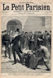 En avrättning i Tyskland. Bödeln Friedrich Reindel (1824-1908) från Magdeburg halshugger den dömde Klausin i Berlins fängelse. Gravyr i «Le Petit Parisien» den 19-04-1891. Privatsamling.