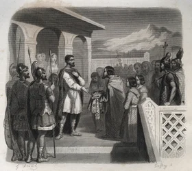 En deputation av staden Clermont erbjuder biskopsämbetet till Saint Sidoine Apollinar (Caius Sollius Apollinaris Sidonius) politiker, eveque och gallo-romersk författare (430-486). Gravyr från 1846 i "" Lives of the saints"". Privat samling.