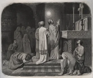 En glob av eld dyker upp ovanför SAINT MARTIN eveque de Tours (316-397) medan han arbetar. Gravyr från 1846 i "" Lives of the saints"". Privat samling.