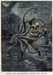 En enorm bläckfisk lyckas nästan övervinna den amerikanske dykaren Martin Lund - En jätte bläckfisk attackerar den amerikanska dykaren Martin Lund - Battle of a Scaphandrier Against an Octopus - "" The Petity Journal"