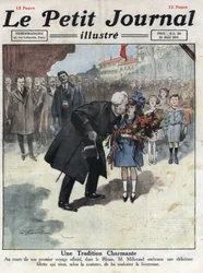 En liten flicka erbjuder en bukett i trefärgade färger till republikens president Alexandre Millerand under en av hennes förflyttningar i Rhone. Illustration hämtad från "" Le petit journal"" från 1921-03-27. Privat samling