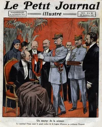 En vetenskapens martyr: Marechal Philippe Petain (1856-1951) överlämnade Hederslegionens stora rep till professor Jean-Alban Bergonie (Jean Alban Bergonie) (1857-1925), en fransk cancerläkare. Gravyr. En av tidningen “Le Petité Journal illu