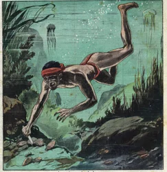 En pärlforskare som riskerar sitt liv i Ceylons och Polynesiens tropiska hav för att förse eleganta med halsband och smycken. Illustration hämtad från "" Le Petite Journal"" 1923-11-03 Privat samling.