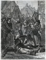 En scen under franska revolutionen: Theobald de Dillon (1745-1792) och en ingenjörsofficer vid namn Berthois massakrerades av soldaterna och folket i Lille, som anklagade dem för förräderi. Gravyr från 1866 i “Histoire de la Révolution française”