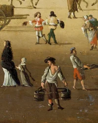 En vattenbärare som lyfter två hinkar på Pont Neuf i Paris på 1600-talet Detalj. Anonym målning. Paris, Musée Carnavalet