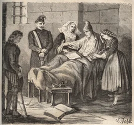 Ett bröllop på Rochefort bagne på 1800-talet. Gravyr i "Fångarnas historia från deras skapelse till idag" (1877) av Pierre Zaccone (1817-1895) (Colonia Penale - Straffkoloni). Privat samling.