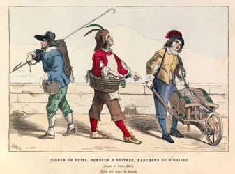 En brunnsskytt, en ostronförsäljare och en vinägerhandlare i Paris under kung Ludvig XIII (1601-1643) - Brunnsrenare, ostronförsäljare och vinägerförsäljare, Ludvig XIII av Frankrikes regeringstid