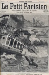 Olycka i Seine i Paris - En omnibussbåt sjunker: båtens besättning hoppar i Seine för att undkomma. Le Petit Parisien, 18/12/1898.