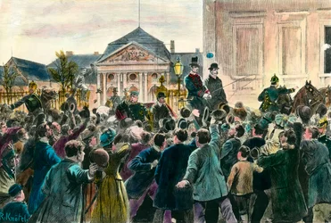 Utrop av folkmassan vid avgången av Otto von Bismarck (1815-1898) som lämnade kontoret och Berlin den 29 mars 1890 Gravyr från slutet av 1800-talet. Privat samling