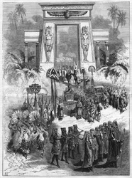 Akt II av stycket, Aida. Stor opera i fyra akter och sju målningar av Giuseppe Verdi (1813-1901) spelar på den italienska teatern i Paris. Gravyr i "" L