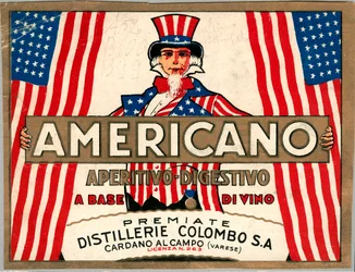 Annons för italiensk short drink Americano, med allegorisk personifiering av Amerika Uncle Sam