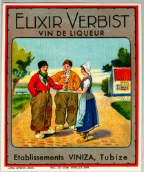 Annons för sprit Elixir verbist (kromolitografi)