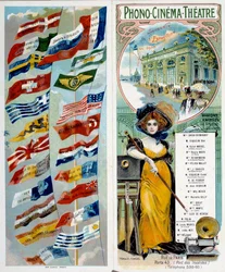 Reklam: Phono - bio - teater: se och hör kända artister. Kromolitografi publicerad på 1900 års världsutställning med flaggor från olika länder. Paris, Musee Carnavalet - Affischreklam "" Phono - biograf - teater: se och hör f