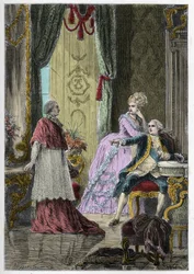 Affären med drottningens halsband (1785-1786): kardinal Louis René Édouard de Rohan (1734-1803) inför kung Ludvig XVI (1754-1793) och drottning Marie Antoinette (1755-1793)