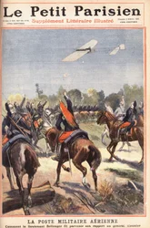 Luftmilitärpost: hur löjtnant Georges Bellenger (1878-1977) skickade sin rapport till general Meunier, förstasidan av tidningen "Le petit parisien" den 2/10/1910 (gravyr)