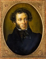 Alexandre Pouchkine - Porträtt av poeten Alexander Sergeyevich Pushkin (1799-1837) - Anonym. Olja på trä, andra kvartalet av 1800-talet. Mått: 40,5x30,5 cm. Privat samling
