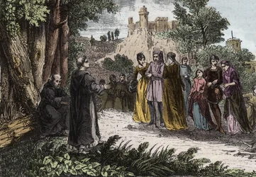 Alibgensisk kätteri - St. Dominicus predikar för albigenserna - Saint Dominica (Dominica de Guzman) (1170-1221) predikar för albigeoisarna - Gravyr från 1846 i "De heligas liv"". Privat samling.