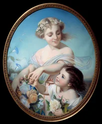 Allegori om sommaren En mamma och hennes barnbarn håller i buketter med blommor. Anonym målning. 1700-talets Rouen, Musee des Beaux Arts