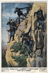 Alpjägare letar efter vilsna tyska turister. De ville åka till berget Nero (Helmet du Nero) i Chartreuse-massivet. Gravyr i "" Le Petite Journal"", den 7/07/1912. Privat samling.