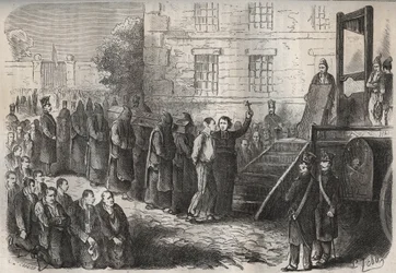 En avrättning i Toulon Bagne på 1800-talet. Gravyr i "Fångarnas historia från deras skapelse till idag" (1877) av Pierre Zaccone (1817-1895) (Colonia Penale - Straffkoloni). Privat samling.