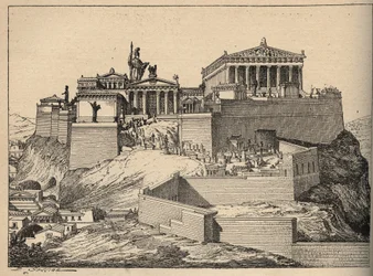 Antikens Grekland: Parthenon, Athenas tempel, på Akropoliskullen i Aten (Antikens Grekland: Aten, Akropolis - Parthenon - gravyr, 1890)