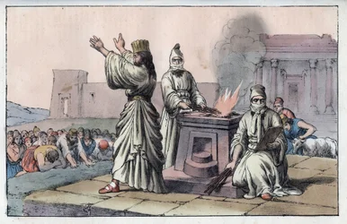 Forntida persisk civilisation: magiker, officiella präster och lärjungar av Zarathoustra (gamla orienten, perser: magiker) - gravyr från "" Seder och seder för alla folk i universum. Det är historien om regeringen, lagarna, milisen, religionen